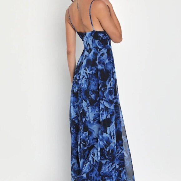NWT Lulus Beautiful Soul Blue Floral Print Twist-Front Maxi Dress - Picture 4 of 4